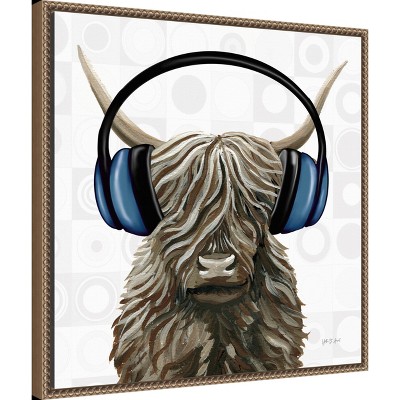 Highland Cow with Headphones Canvas Art Print, 22 x 22