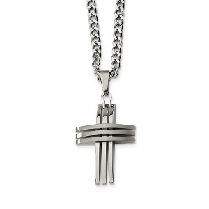 Black Bow Jewelry Stainless Steel Three Bar Cross and Curb Chain Necklace - 24 Inch - 1 of 4
