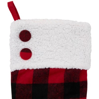 23" Black and Red Buffalo Plaid Christmas Stocking with Sherpa Cuff