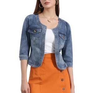 INSPIRE CHIC Women's Collarless Pockets 3/4 Sleeve Denim Jackets - 1 of 4