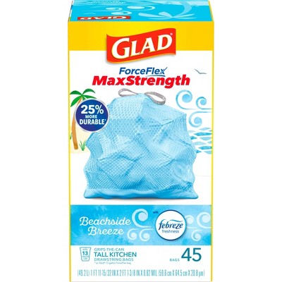 Glad ForceFlex MaxStrength Tall Kitchen Drawstring Trash Bags - Febreze Beachside Breeze - 13 Gallon /45ct