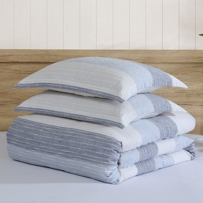 Blue and White Cotton Full Bedspread Set with Stripes