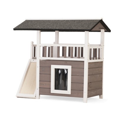 Sevobal Pet Crates and Houses 2 Tier Outdoor Dog House, Weatherproof Dog Hutch with A Large Balcony Scratching Pad Ladder, Brown, 29.9"*19.7"*29.1"