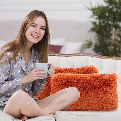 Rust Orange Shaggy Faux Fur Throw Pillows Set of 2