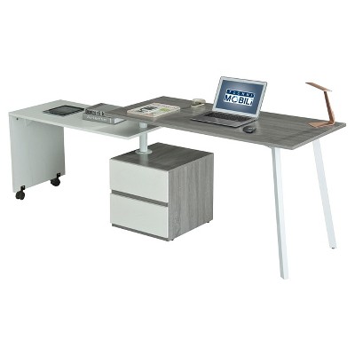 Grey and White Corner Computer Desk with Drawer and Keyboard Tray
