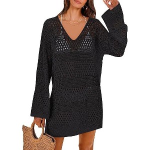 Women's Crochet Knit Beach Cover-Up - V-Neck Long Bell Sleeve Sheer Swimwear Tunic Dress - 1 of 4