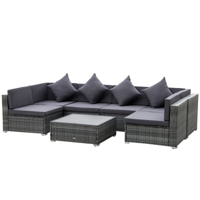 Outsunny 7-Piece Patio Furniture Sets PE Rattan Sectional Sofa Set Outdoor Conversation Set w/ Acacia Top Coffee Table & Cushion for Garden, Gray