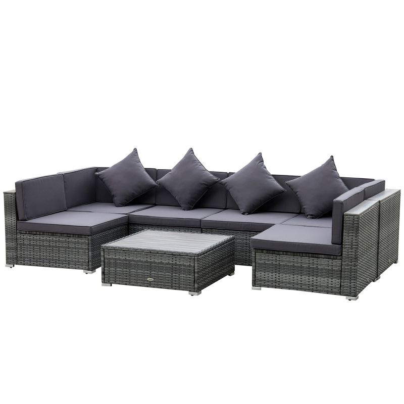 Outsunny 7-Piece Outdoor Wicker Sofa Set, PE Rattan Sectional Furniture Patio Couch w/ Acacia Top Coffee Table & Cushion for Garden, Backyard,, 1 of 7