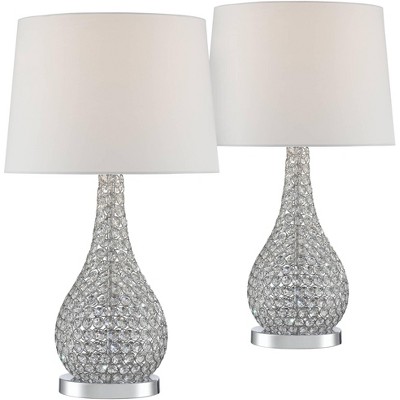 Possini Euro Design Modern Table Lamps Set of 2 Crystal Acrylic Beaded Silver Gourd White Drum Shade for Living Family Room Bedroom Office