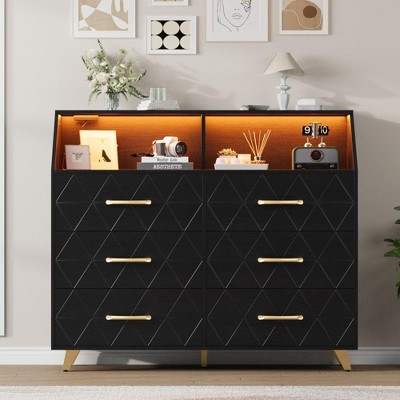 Modern 6 Drawer Dresser, Black Chest of Drawer with Led Light Strip, Charging Station, Open Shelf, Metal Legs, Large Wooden Dresser Cabinet for