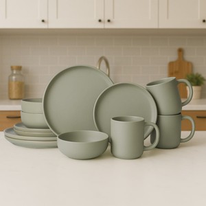 SEVOBAL 12-Piece Stoneware Dinnerware Set with Mug Microwave Dishwasher Friendly Stackable Matte Glaze Plates Bowls Service for 3, Green, 10"*10"*2.4" - 1 of 4