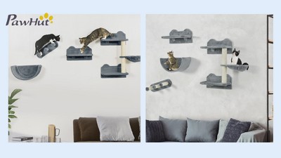 Gray Wall-Mounted Cat Shelves with Hammock and Scratching Post