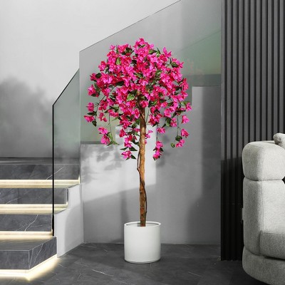 5' Tall Artificial Bougainvillea Tree with Pink Flowers and Wood Trunk