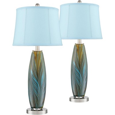 360 Lighting Modern Coastal Table Lamps Set of 2 Blue Brown Art Glass Brushed Nickel Softback Drum Shade for Living Room Bedroom