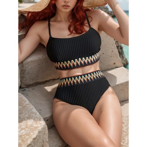 Dometour Women s High Waisted Swimsuit Two Piece Ribbed Bikini Sets Cheeky Bathing Suits Black xl Target