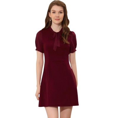 INSPIRE CHIC Women's Bow Tie Keyhole Neck Puff Sleeve Elegant Work Dress