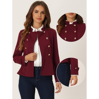 INSPIRE CHIC Women's Regular Fit Stand Collar Double Breasted Casual Peplum Steampunk Jacket Burgundy Large — фото 2