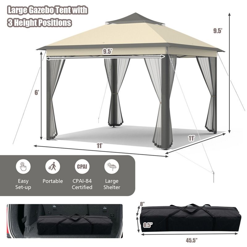 Tangkula 11 x 11 ft Pop up Gazebo 2-Tier Patio Canopy Tent Shelter w/ Carrying Bag Beige/Brown, 2 of 7