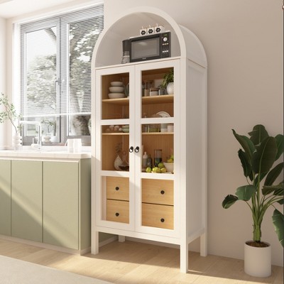 72" H Modern Farmhouse Auto Sensor Light Arched Cabinet with Glass Doors, Adjustable Shelf and 2 Drawers
