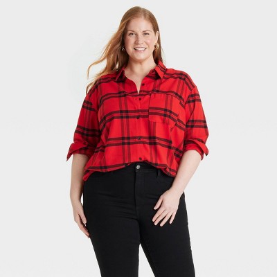 Women's Long Sleeve Flannel Button-Down Shirt - Ava & Viv™ Red XXL