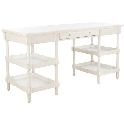 White Washed Wood Writing Desk with Drawer and Shelves