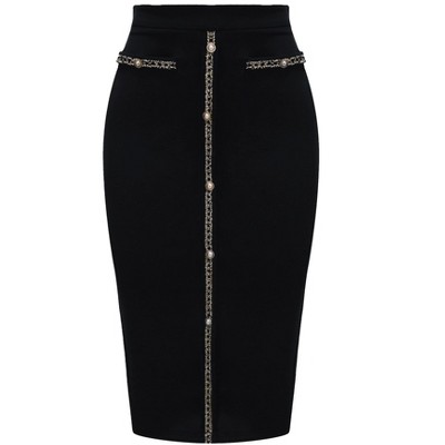 INSPIRE CHIC Women's High Waist Business Work Tweed Trim Button Decor Bodycon Skirts