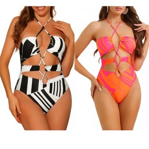 INSPIRE CHIC Women's Halter Allover Print Criss Cross Color Block String Cut Out Bikini Swimwear Bathing Suits 2 Set - 1 of 4