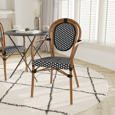 Black and White PE Rattan Bistro Dining Chair with Natural Bamboo Frame