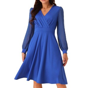 Seta T Women's V Neck Wrap Swiss Dots Semi-Sheer Lantern Long Sleeves Midi Swing Dresses - 1 of 4