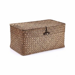 Aoibox Wicker Shelf Storage Basket with Lid Handwoven Seagrass Rectangular Organizer for Wardrobe Coffee Medium - 1 of 4