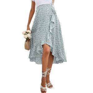 Women's Maternity Midi Skirt Pleated Elastic High Waist Summer Spring Boho Casual Ruffle Flowy Wrap Split Long Skirt Green Floral XXL - 1 of 4
