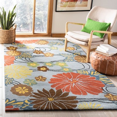Handmade Blue and Multicolor Wool and Viscose Floral Area Rug
