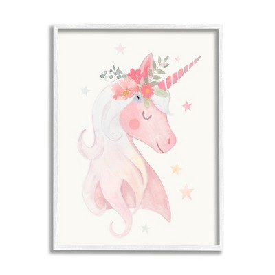 Stupell Industries Pastel Smiling Unicorn Pink Flower Blossom Crown Framed Giclee Art