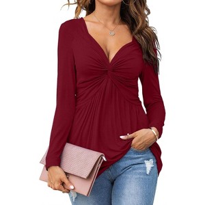 Imily Bela Chic Knot Front V Neck Blouse Long Sleeve Womens Top Elegant Everyday Pullover - 1 of 4