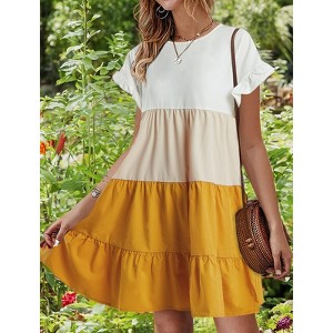 Imily Bela Womens Ruffles Boho Floral Printed Babydoll Loose Swing Casual Short Mini T-Shirt Dress - 1 of 2