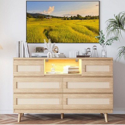Whizmax Natural Rattan Dresser for Bedroom with LED Light and Charging Station, 6 Drawer Double Dressers, Modern Wooden Dresser Chest for Living Room