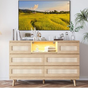 Whizmax Natural Rattan Dresser for Bedroom with LED Light and Charging Station, 6 Drawer Double Dressers, Modern Wooden Dresser Chest for Living Room - 1 of 4