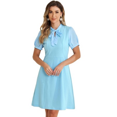 INSPIRE CHIC Women's Bow Tie Keyhole Neck Puff Sleeve Elegant Work Dress