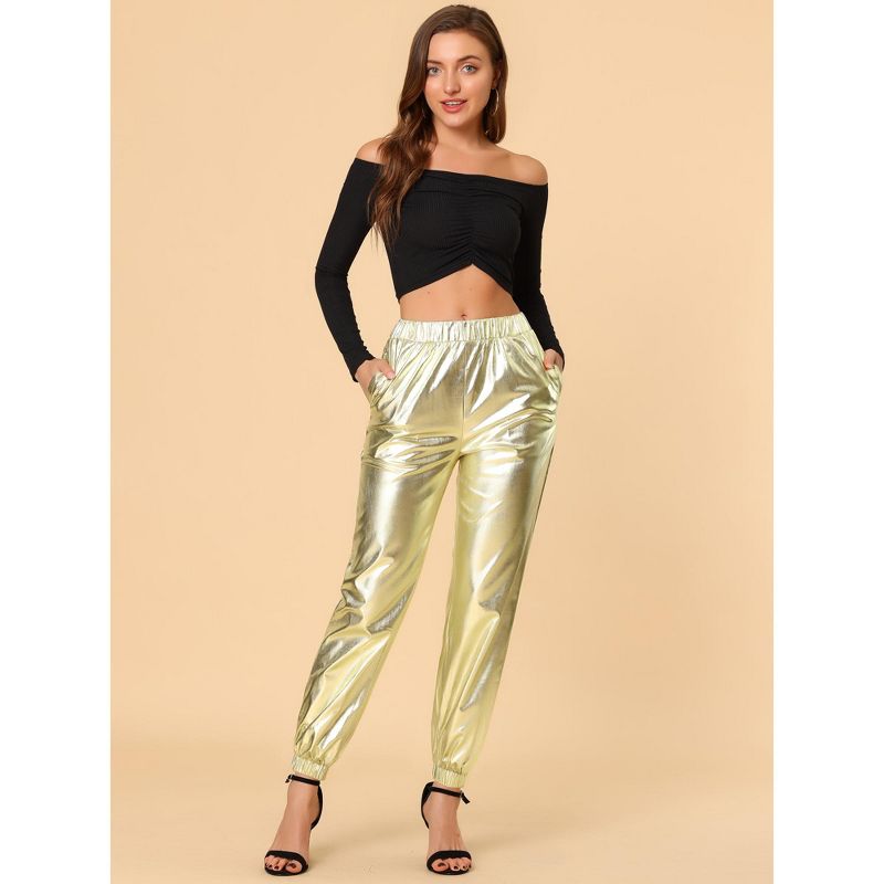 Allegra K Women's Metallic Shiny Sparkle Elastic Waist Pants, 3 of 7