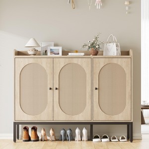 Shoe Cabinet with 3 Rattan Doors, Freestanding Shoe Organizer with Adjustable Shelves - 1 of 4