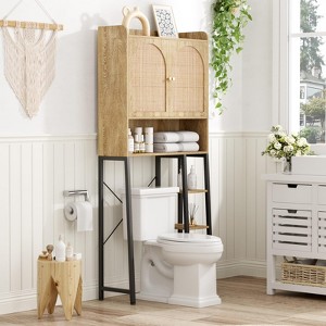 Rattan Over The Toilet Storage Cabinet with Adjustable Shelf and Wood Rack, Tall Storage Shelves - 1 of 4