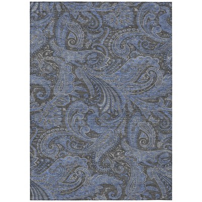 Charcoal Gray And Blue Paisley Washable Indoor Outdoor Area Rug