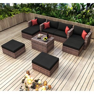 Whisen 5-Piece PE Wicker Patio Conversation Sofa Set with Cushion - 1 of 4