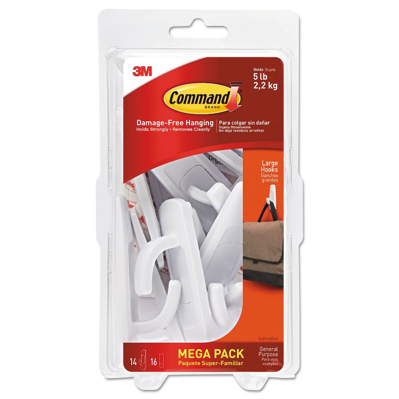 Command General Purpose Hooks 5lb Capacity Plastic White 14 Hooks 16 Strips/Pack 17003MPES, 1 of 10