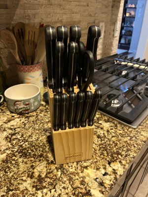 Goodful 14 Piece Knife Block Set, High Carbon Stainless Steel Blades Cutlery, Full Tang, Triple Riveted Handles, Cream