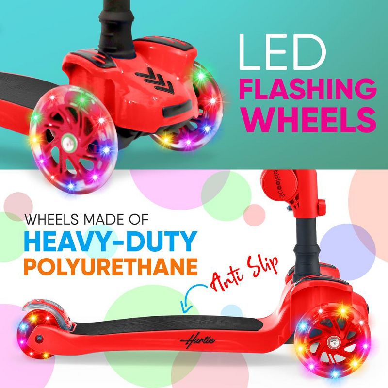 Hurtle ScootKid 3 Wheel Toddler Child Mini Ride On Toy Tricycle Scooter with Adjustable Handlebar, Foldable Seat, and LED Light Up Wheels, Red, 5 of 7