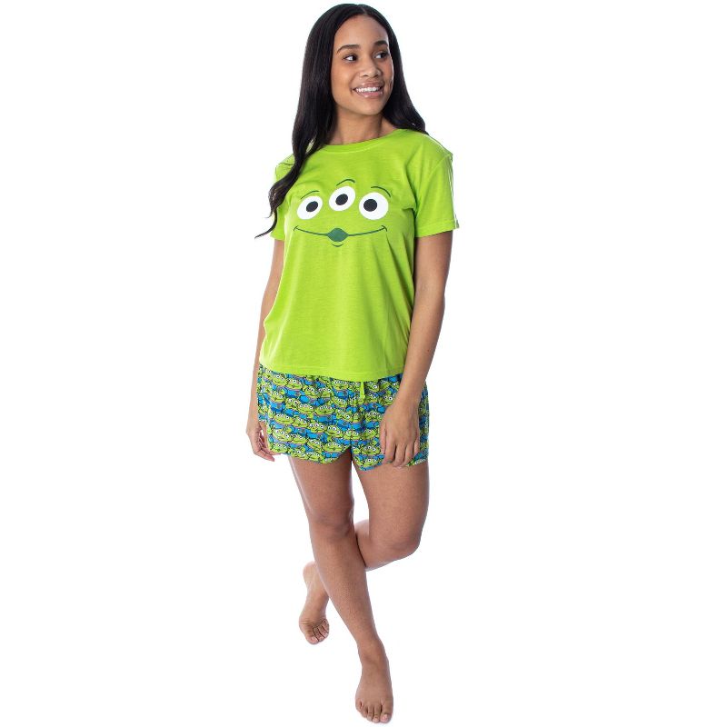 Disney Women's Toy Story Pizza Planet Aliens Shirt and Shorts Pajama Set Lime Green, 2 of 6