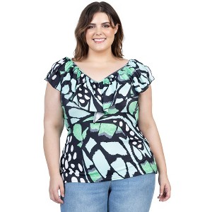 24seven Comfort Apparel Womens Cap Sleeve Green Butterfly Print Ruffle V Neck Plus Size Top - 1 of 4