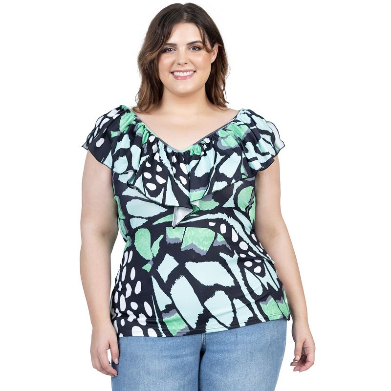 24seven Comfort Apparel Womens Cap Sleeve Green Butterfly Print Ruffle V Neck Plus Size Top, 1 of 7