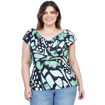 24seven Comfort Apparel Womens Cap Sleeve Green Butterfly Print Ruffle V Neck Plus Size Top